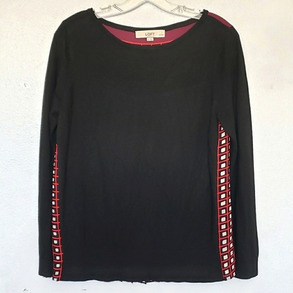 LOFT black mixed media pleat back geo print sweater S Petite - Picture 1 of 6